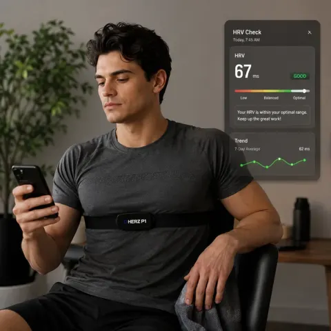 Man checking his HRV reading in the app while wearing the Herz P1 chest strap